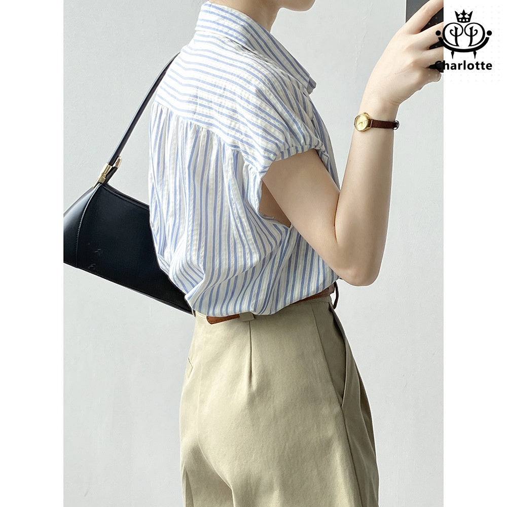 French vertical striped flying sleeve short-sleeved shirt striped shirt [CHSH99]