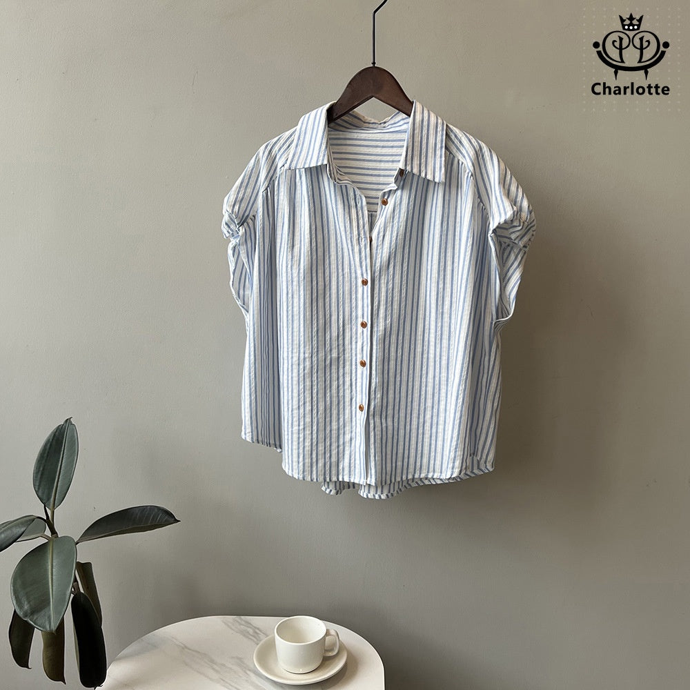 French vertical striped flying sleeve short-sleeved shirt striped shirt [CHSH99]