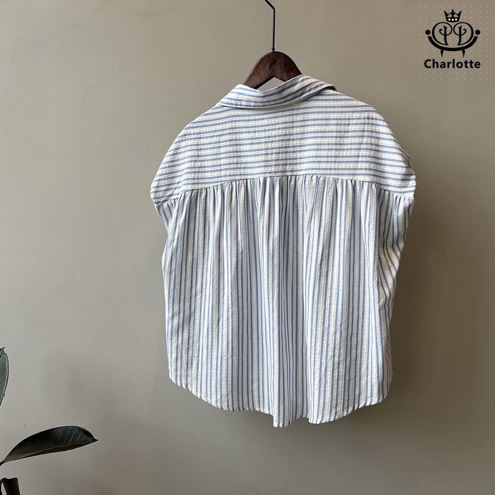 French vertical striped flying sleeve short-sleeved shirt striped shirt [CHSH99]