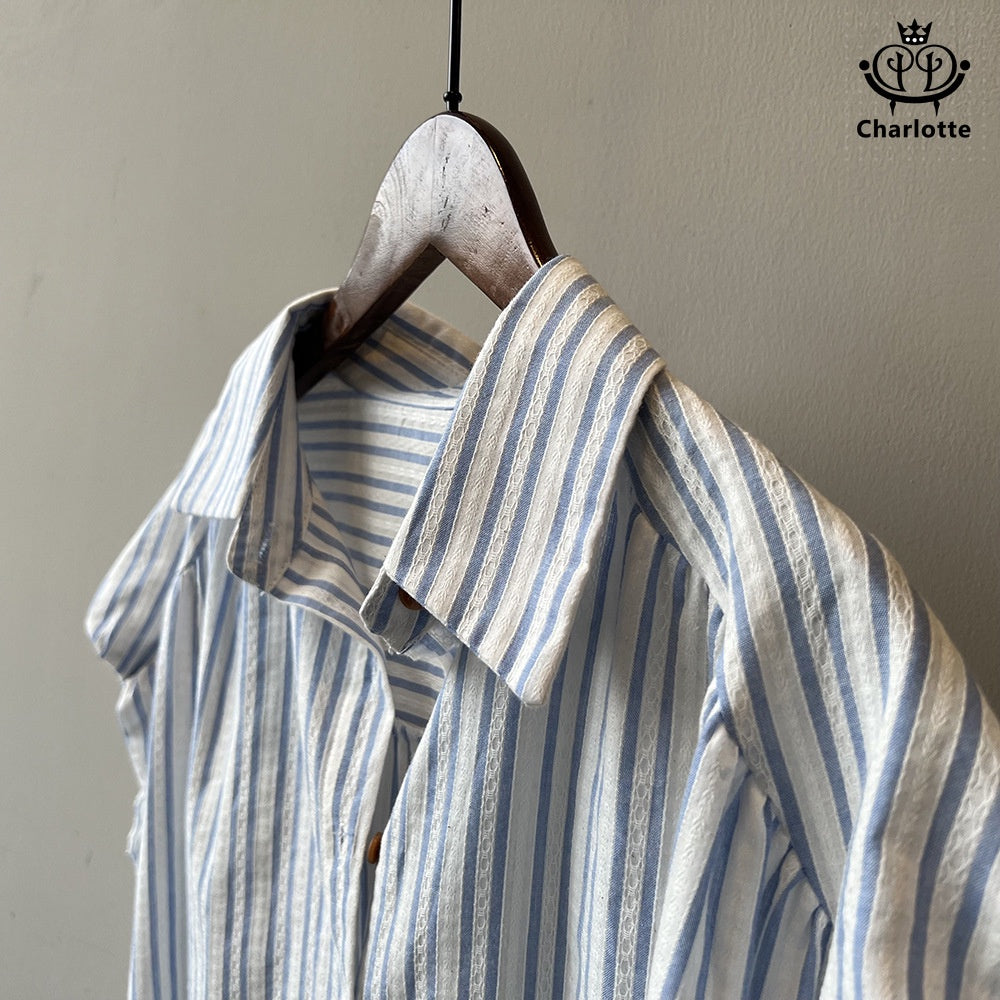 French vertical striped flying sleeve short-sleeved shirt striped shirt [CHSH99]