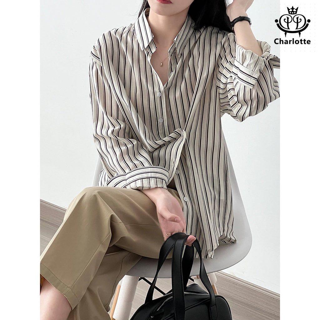 French classic black and white striped shirt long-sleeved shirt lapel shirt [CHSH90]