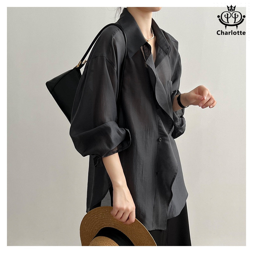 French thin Tencel earring shirt loose slim shirt Tencel thin shirt [CHSH93]