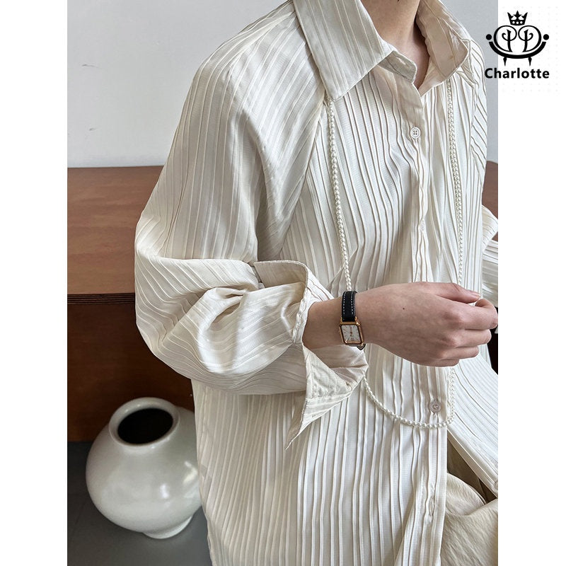 French simple textured vertical striped shirt long-sleeved shirt pleated short front and long back shirt [CHSH89]