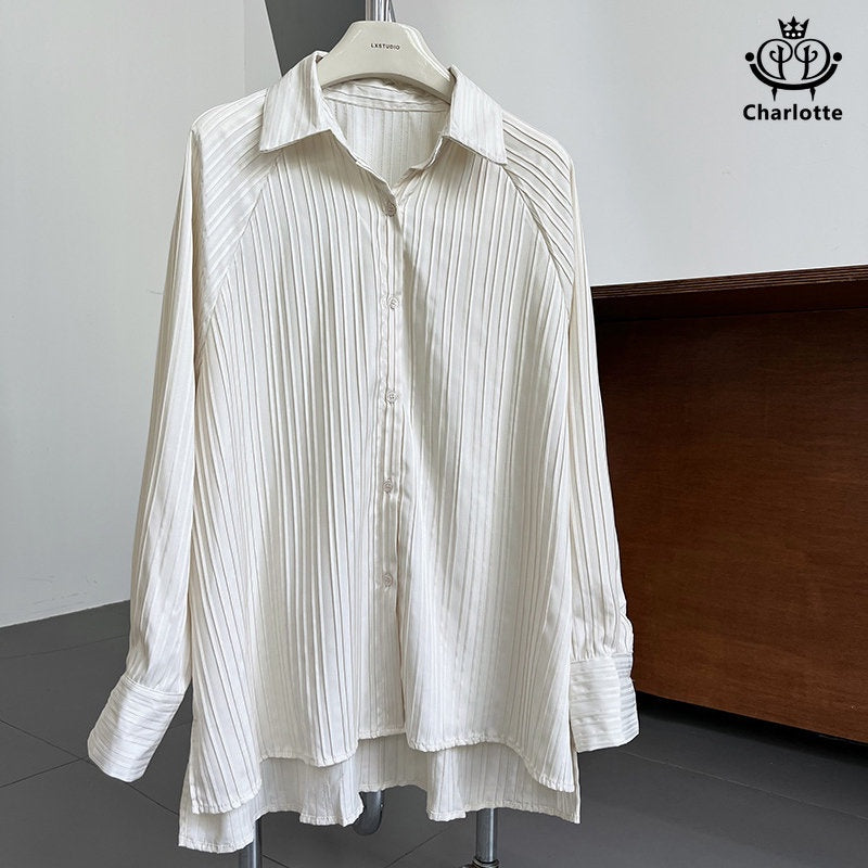 French simple textured vertical striped shirt long-sleeved shirt pleated short front and long back shirt [CHSH89]