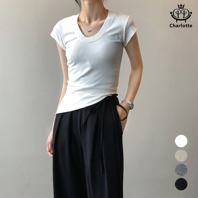 French simple U-neck slim stretch short-sleeved T-shirt cool short T [CHT18]