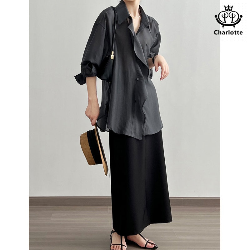 French thin Tencel earring shirt loose slim shirt Tencel thin shirt [CHSH93]