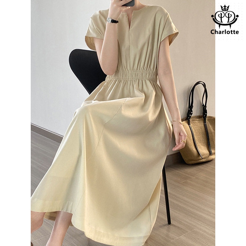 French style imitation linen dress V-neck dress V-neck waist style A-line long skirt [CHSK111]