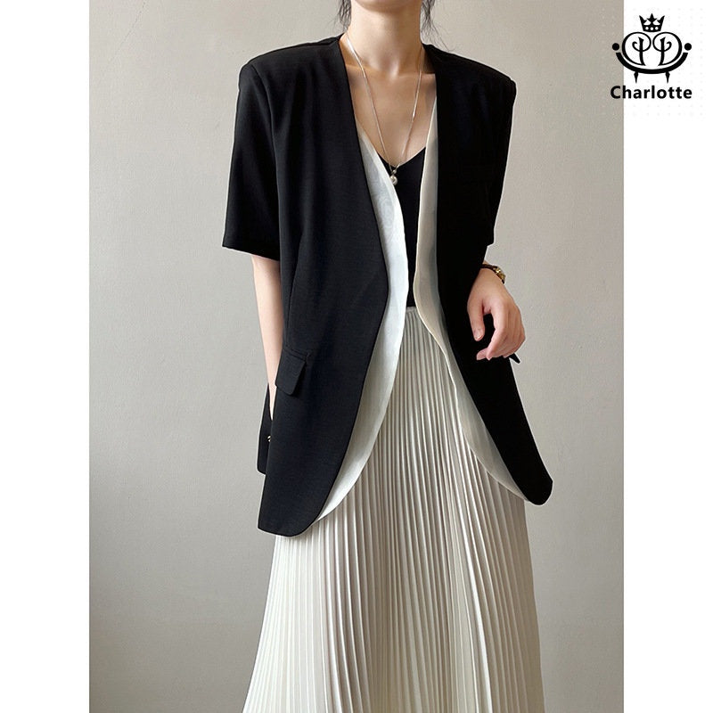 Temperament fake two-piece shoulder-padded blazer short-sleeved blazer [CHCO66]