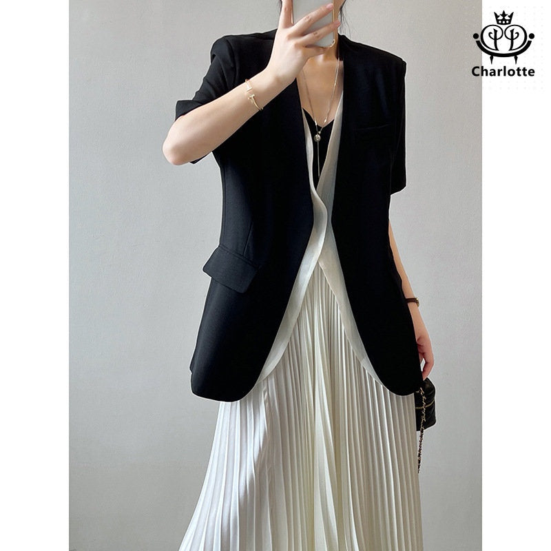 Temperament fake two-piece shoulder-padded blazer short-sleeved blazer [CHCO66]