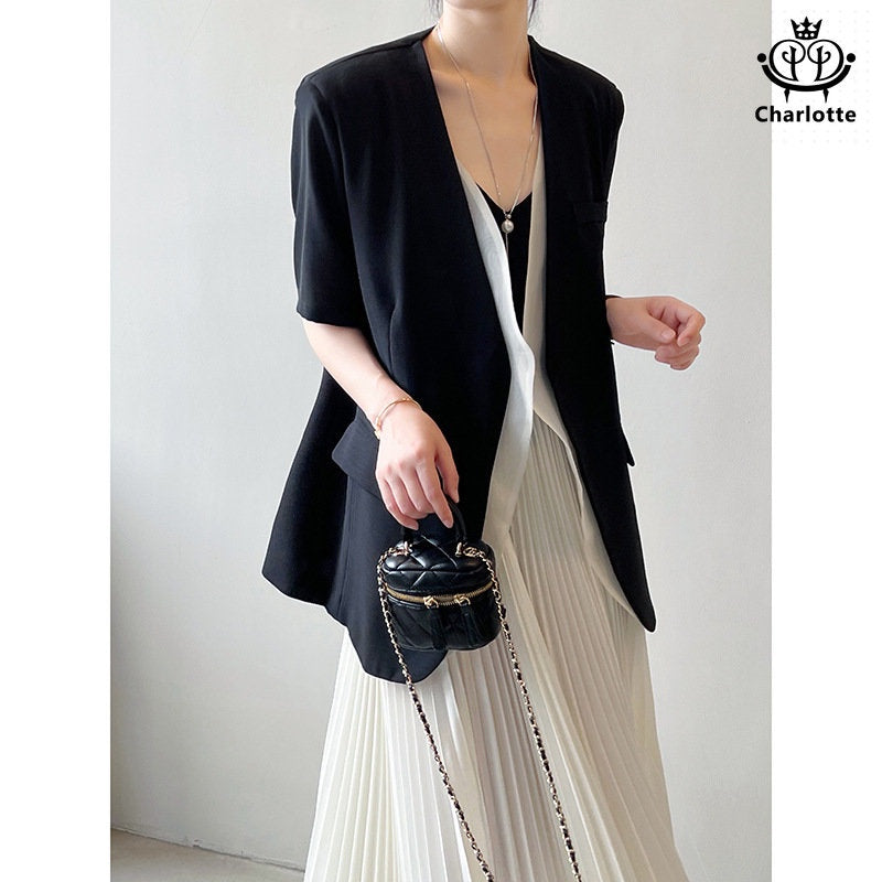 Temperament fake two-piece shoulder-padded blazer short-sleeved blazer [CHCO66]