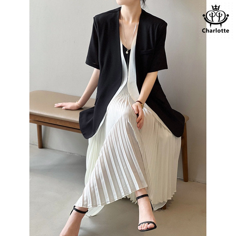 Temperament fake two-piece shoulder-padded blazer short-sleeved blazer [CHCO66]