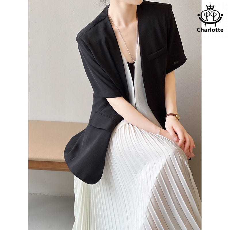 Temperament fake two-piece shoulder-padded blazer short-sleeved blazer [CHCO66]