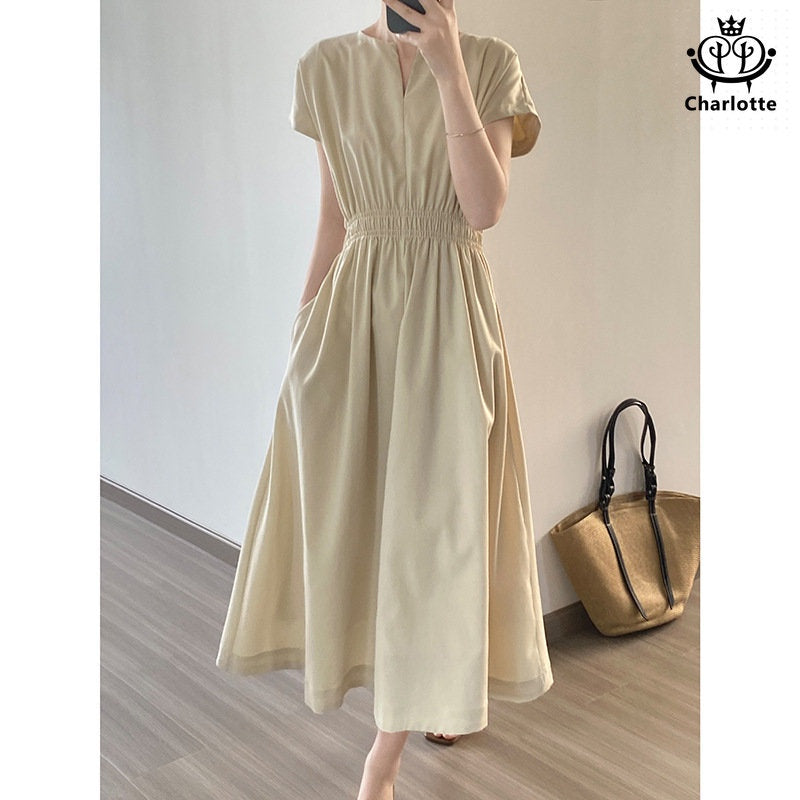 French style imitation linen dress V-neck dress V-neck waist style A-line long skirt [CHSK111]