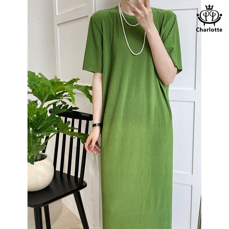 Cool and slippery summer lazy pullover pleated T-shirt long dress drapey dress [CHSK99]