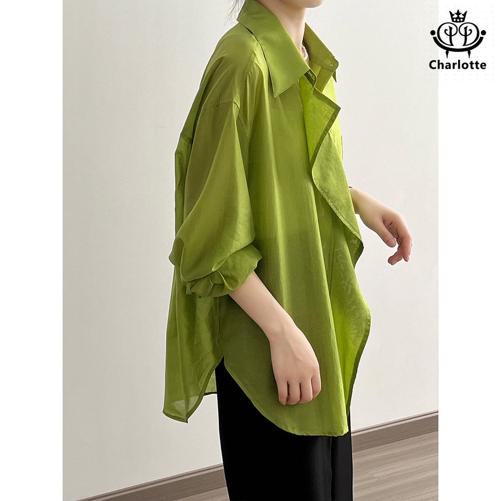 French thin Tencel earring shirt loose slim shirt Tencel thin shirt [CHSH93]