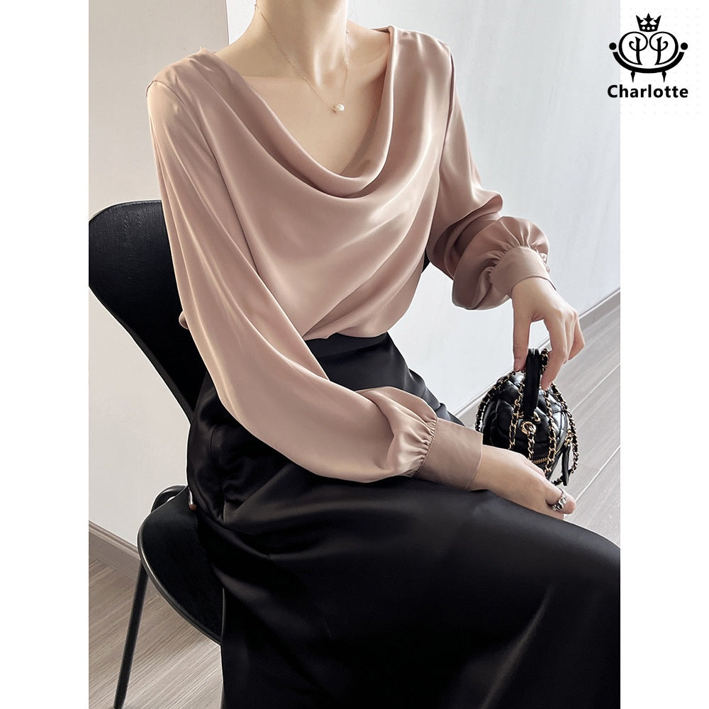 Light and luxurious swaddle collar thin long-sleeved top long-sleeved solid color shirt [CHSH102]