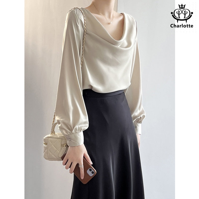 Light and luxurious swaddle collar thin long-sleeved top long-sleeved solid color shirt [CHSH102]