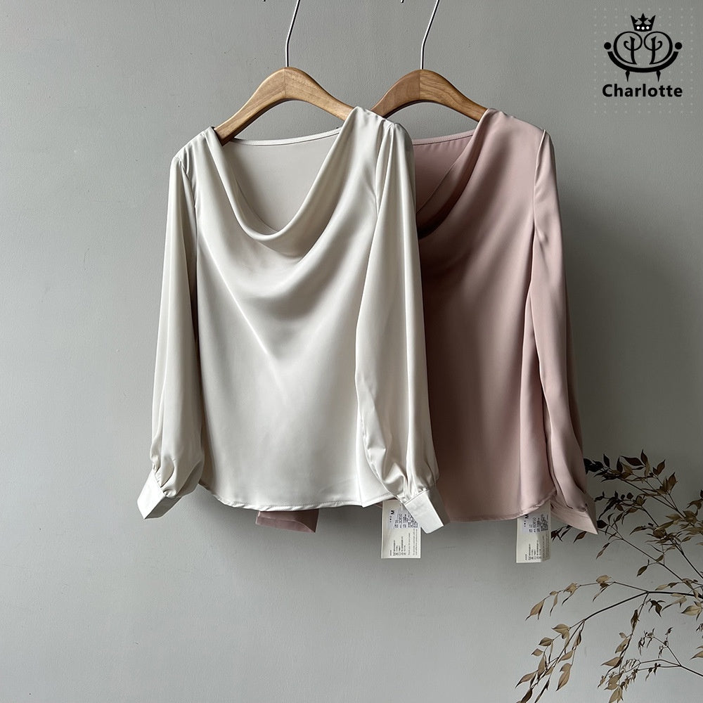 Light and luxurious swaddle collar thin long-sleeved top long-sleeved solid color shirt [CHSH102]