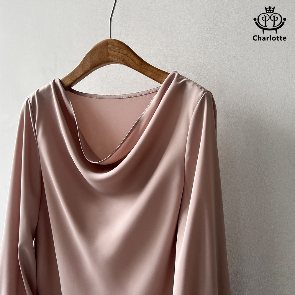 Light and luxurious swaddle collar thin long-sleeved top long-sleeved solid color shirt [CHSH102]