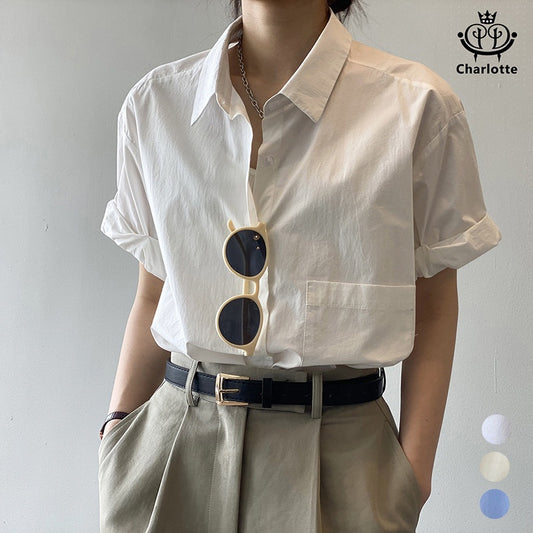 French solid color short-sleeved shirt lapel shirt [CHSH91]