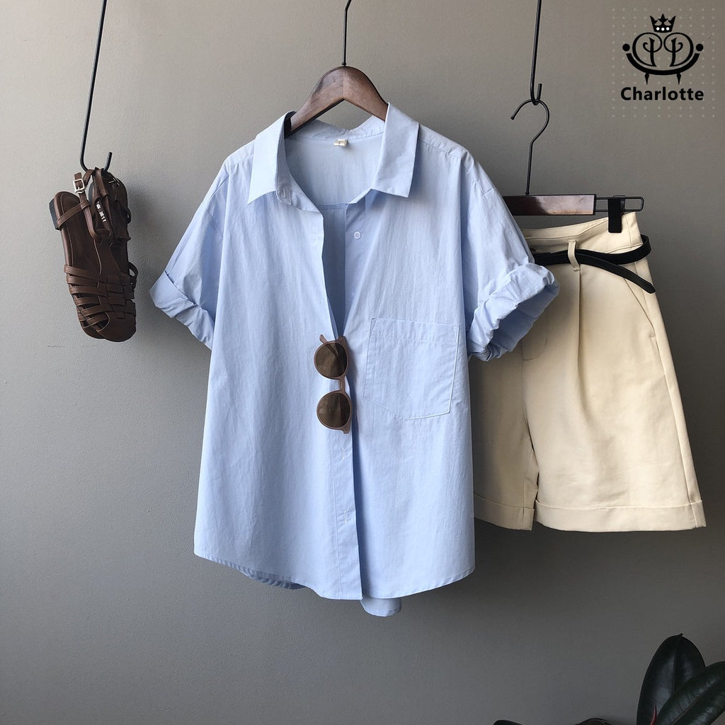 French solid color short-sleeved shirt lapel shirt [CHSH91]