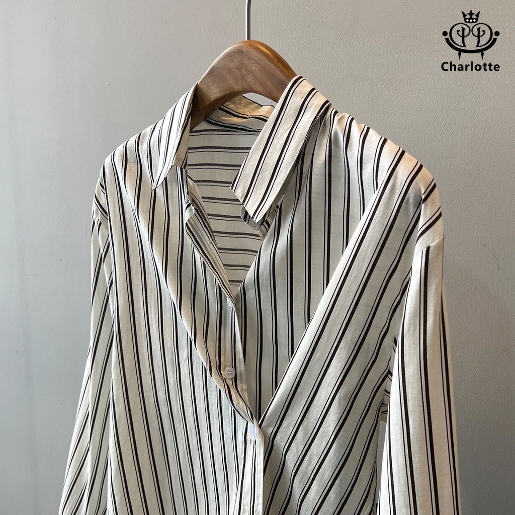 French classic black and white striped shirt long-sleeved shirt lapel shirt [CHSH90]