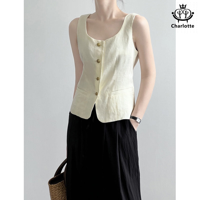 Retro linen horse girl vest linen vest [CHVE10]