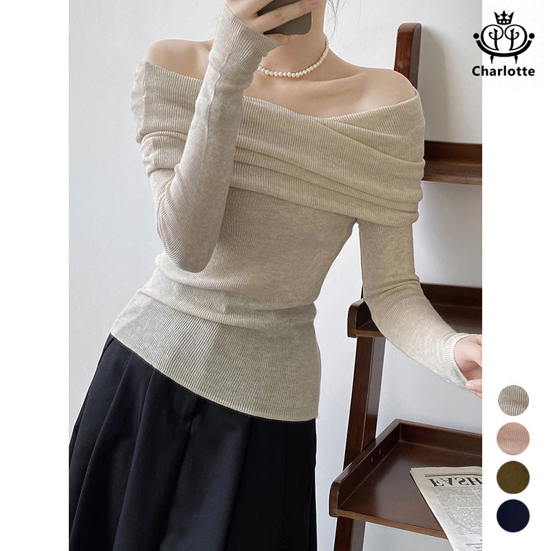 Soft and waxy one-neck off-shoulder top, slim-fitting solid color sweater [CHSW49]