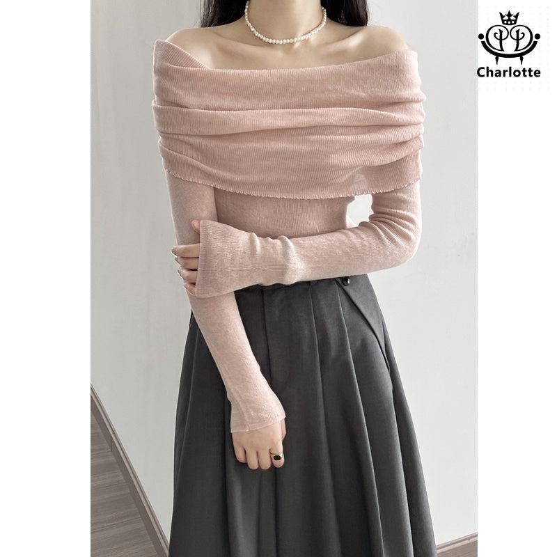 Soft and waxy one-neck off-shoulder top, slim-fitting solid color sweater [CHSW49]