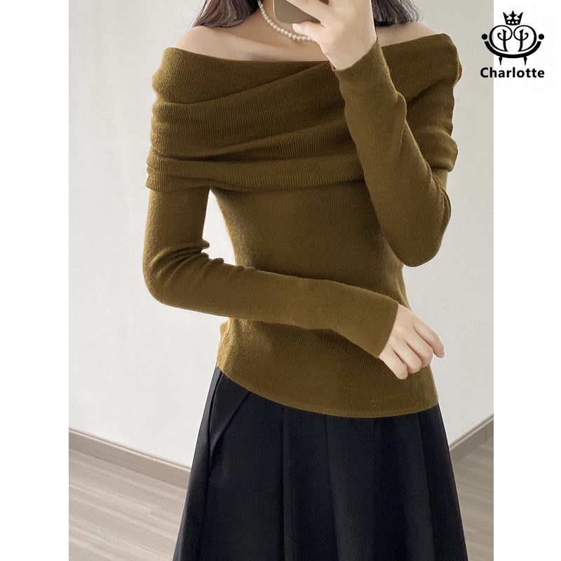 Soft and waxy one-neck off-shoulder top, slim-fitting solid color sweater [CHSW49]