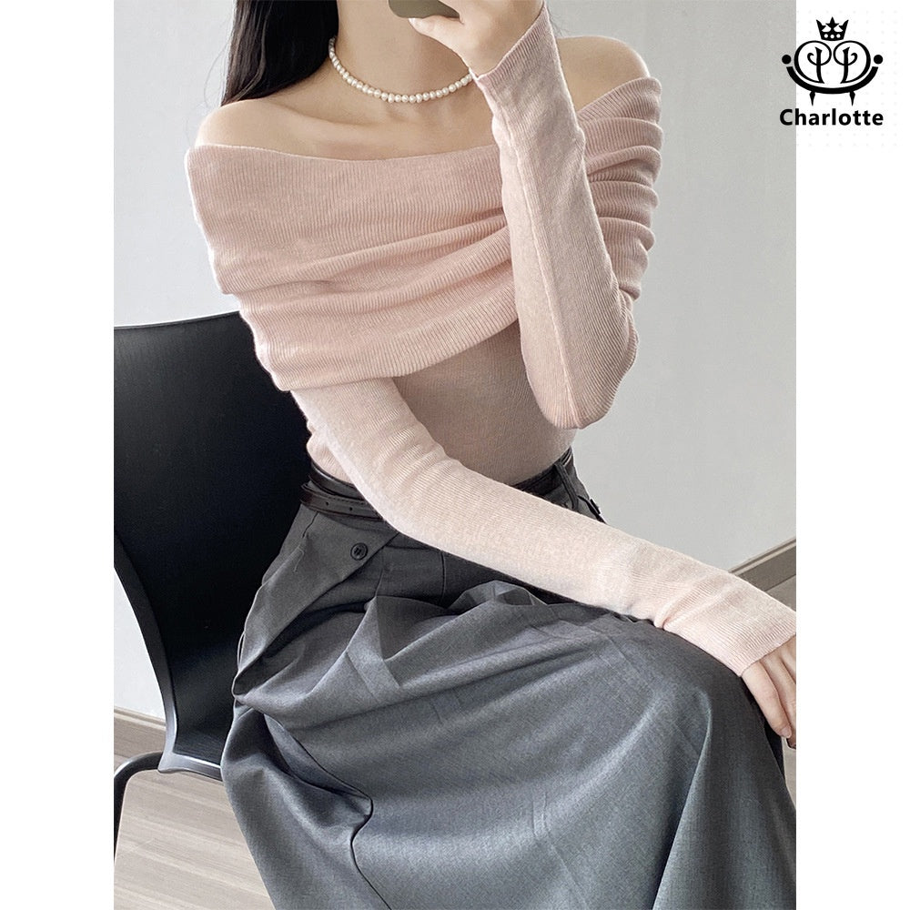 Soft and waxy one-neck off-shoulder top, slim-fitting solid color sweater [CHSW49]