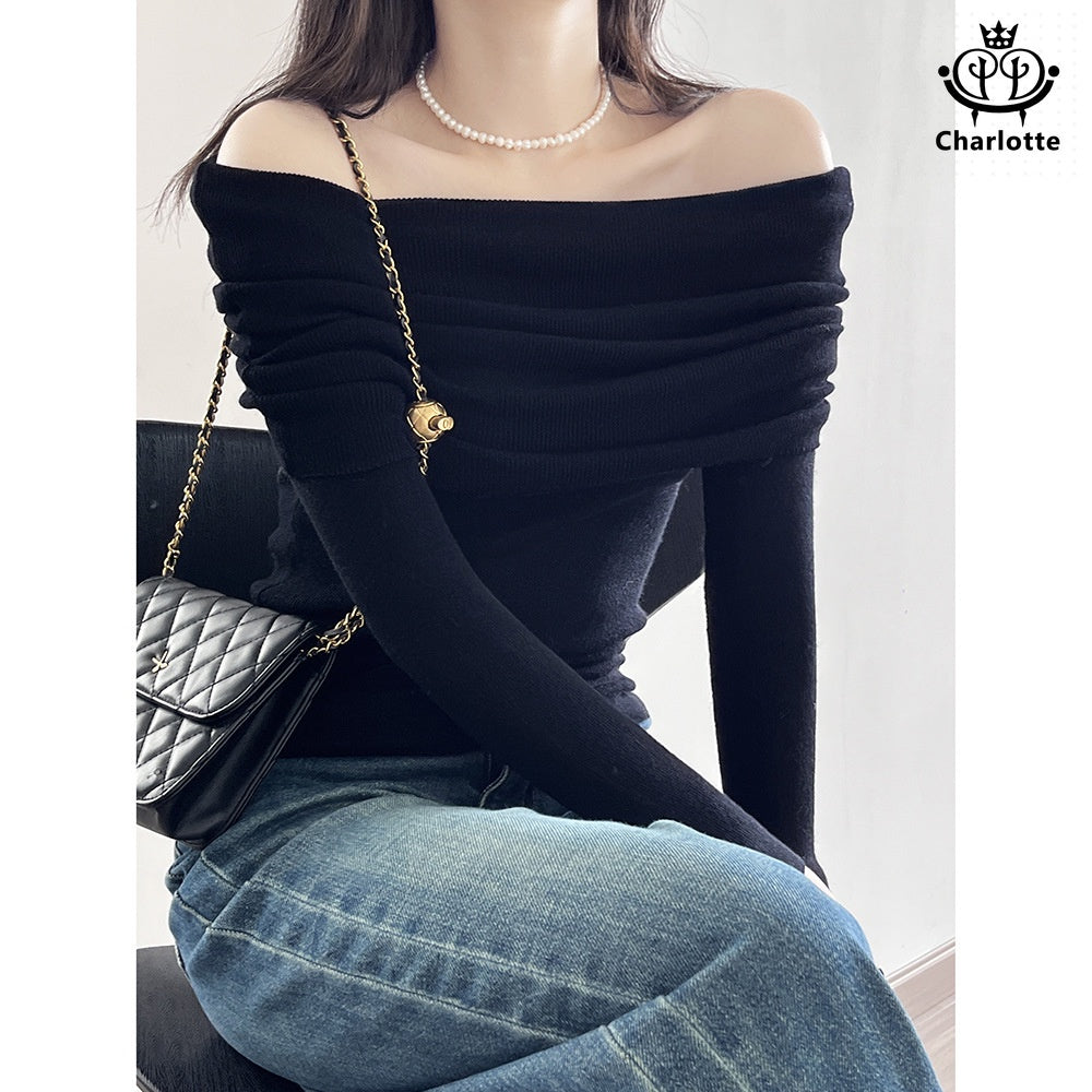 Soft and waxy one-neck off-shoulder top, slim-fitting solid color sweater [CHSW49]