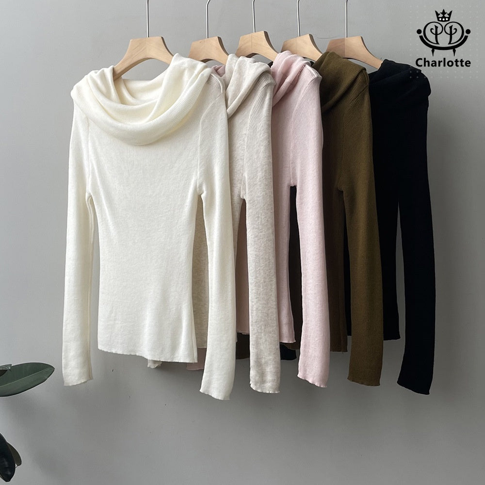 Soft and waxy one-neck off-shoulder top, slim-fitting solid color sweater [CHSW49]