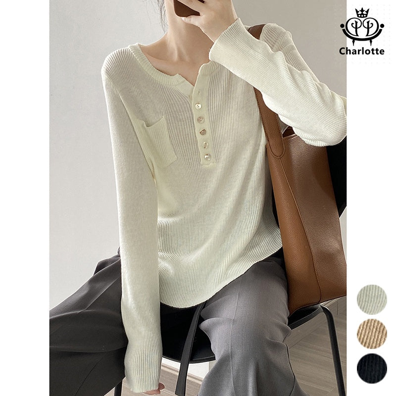 Korean style half placket thin long-sleeved sweater V-neck knitted wool top [CHSW47]