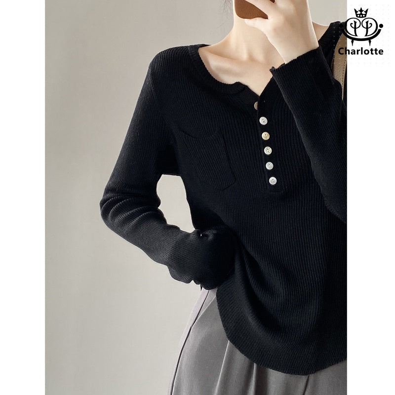 Korean style half placket thin long-sleeved sweater V-neck knitted wool top [CHSW47]