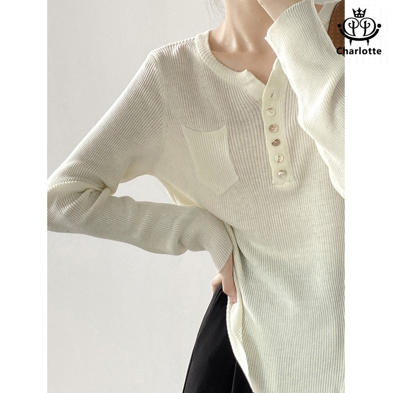 Korean style half placket thin long-sleeved sweater V-neck knitted wool top [CHSW47]