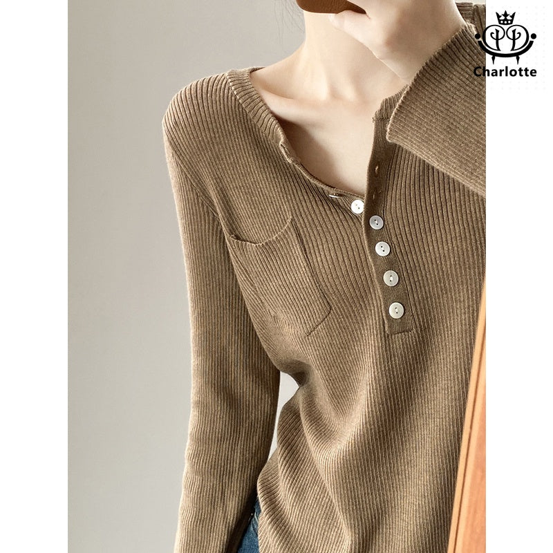 Korean style half placket thin long-sleeved sweater V-neck knitted wool top [CHSW47]