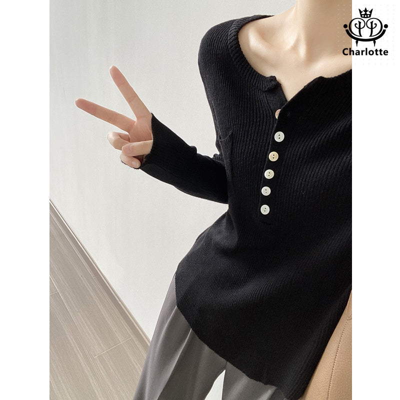 Korean style half placket thin long-sleeved sweater V-neck knitted wool top [CHSW47]