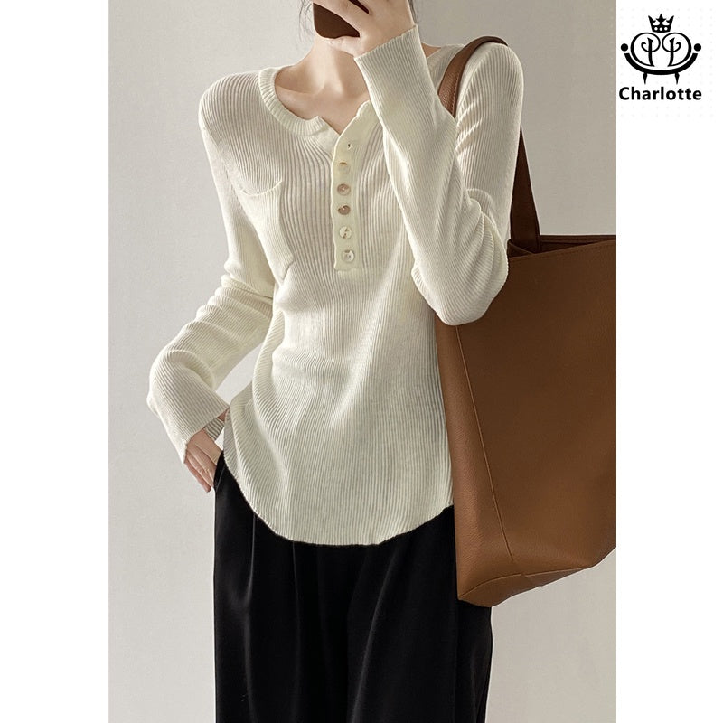 Korean style half placket thin long-sleeved sweater V-neck knitted wool top [CHSW47]