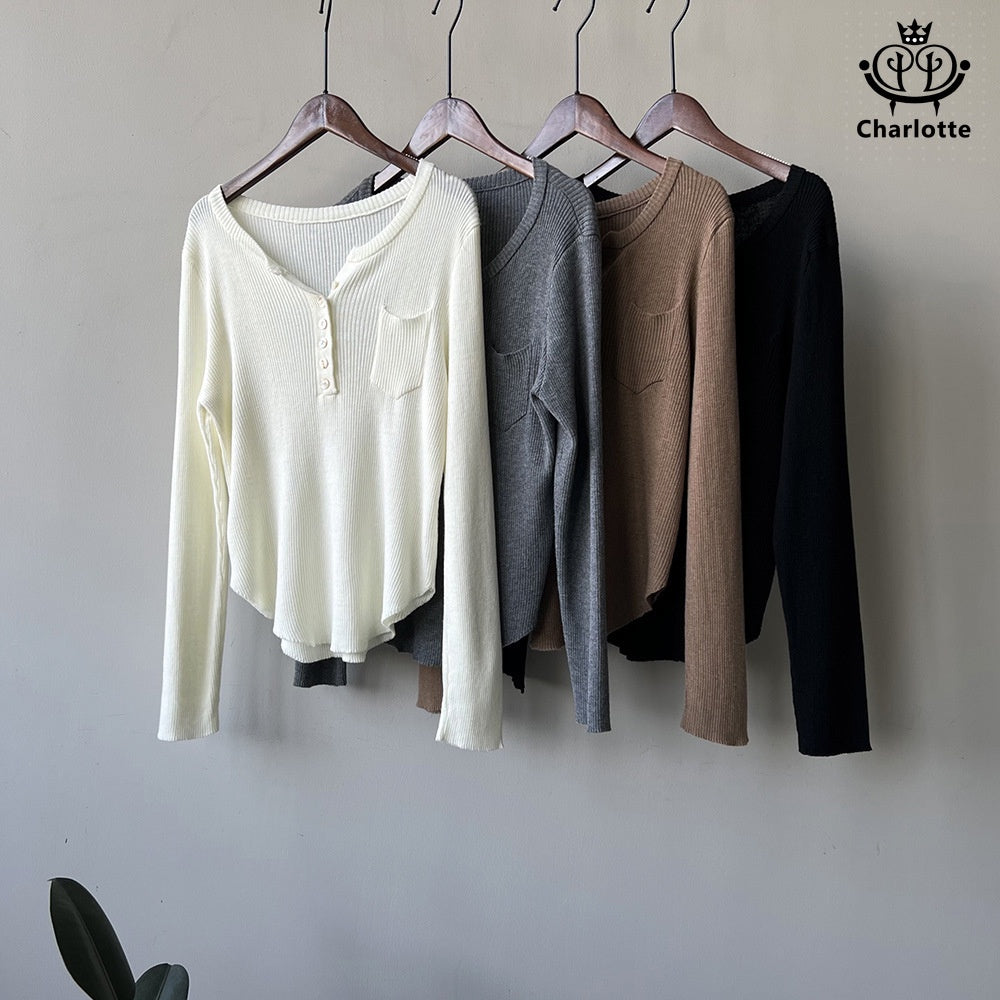 Korean style half placket thin long-sleeved sweater V-neck knitted wool top [CHSW47]