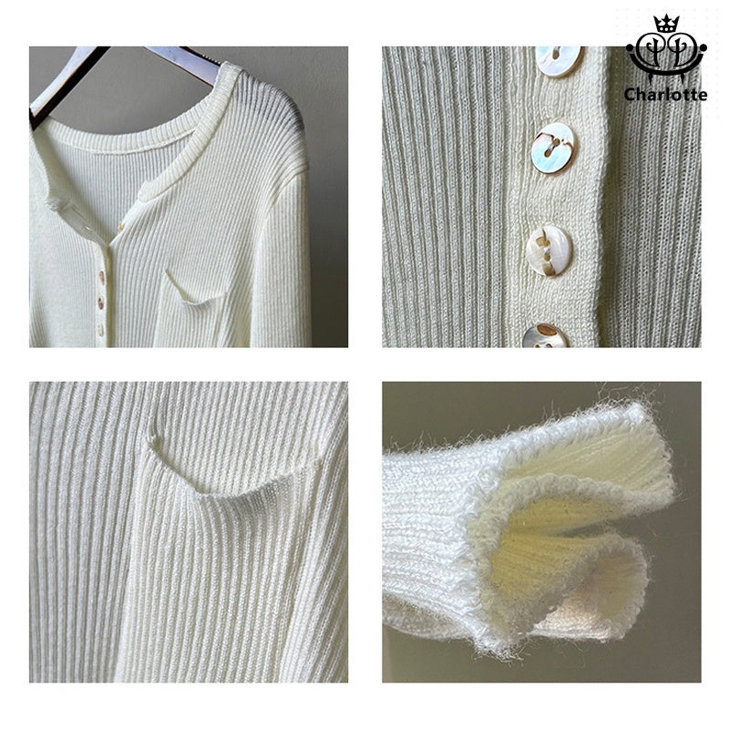 Korean style half placket thin long-sleeved sweater V-neck knitted wool top [CHSW47]