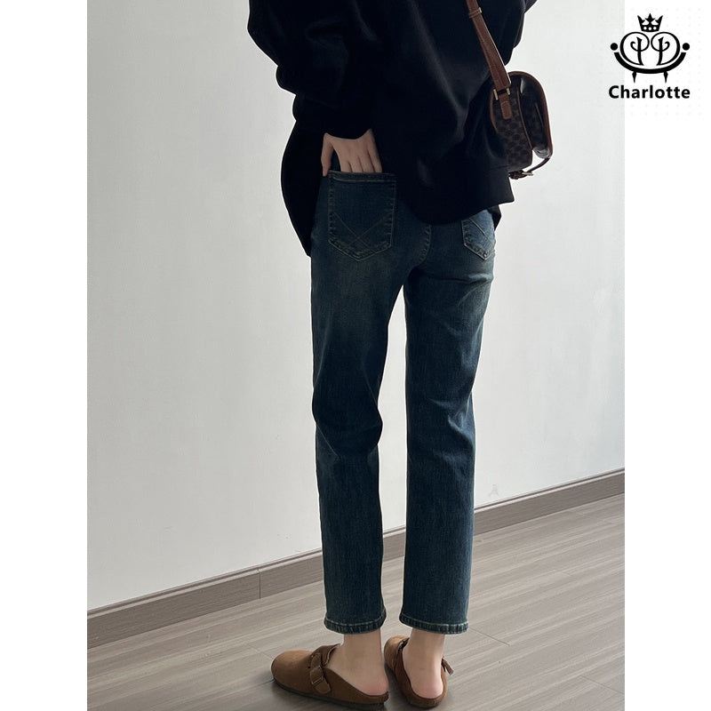 Korean elastic slimming cigarette pipe nine-point pants cigarette pipe nine-point jeans [CHJ9]