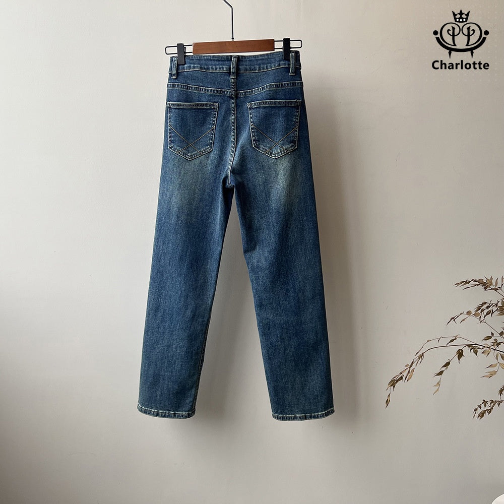 Korean elastic slimming cigarette pipe nine-point pants cigarette pipe nine-point jeans [CHJ9]