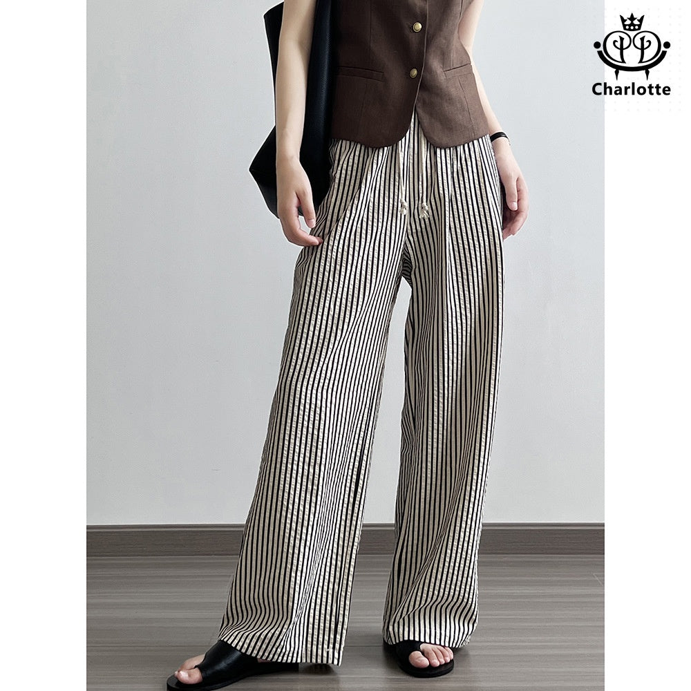 Slimming elastic waist pinstriped wide-leg pants with drawstring straps and straight pants [CHTR25]