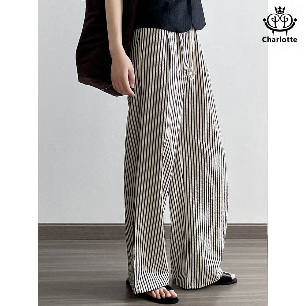 Slimming elastic waist pinstriped wide-leg pants with drawstring straps and straight pants [CHTR25]