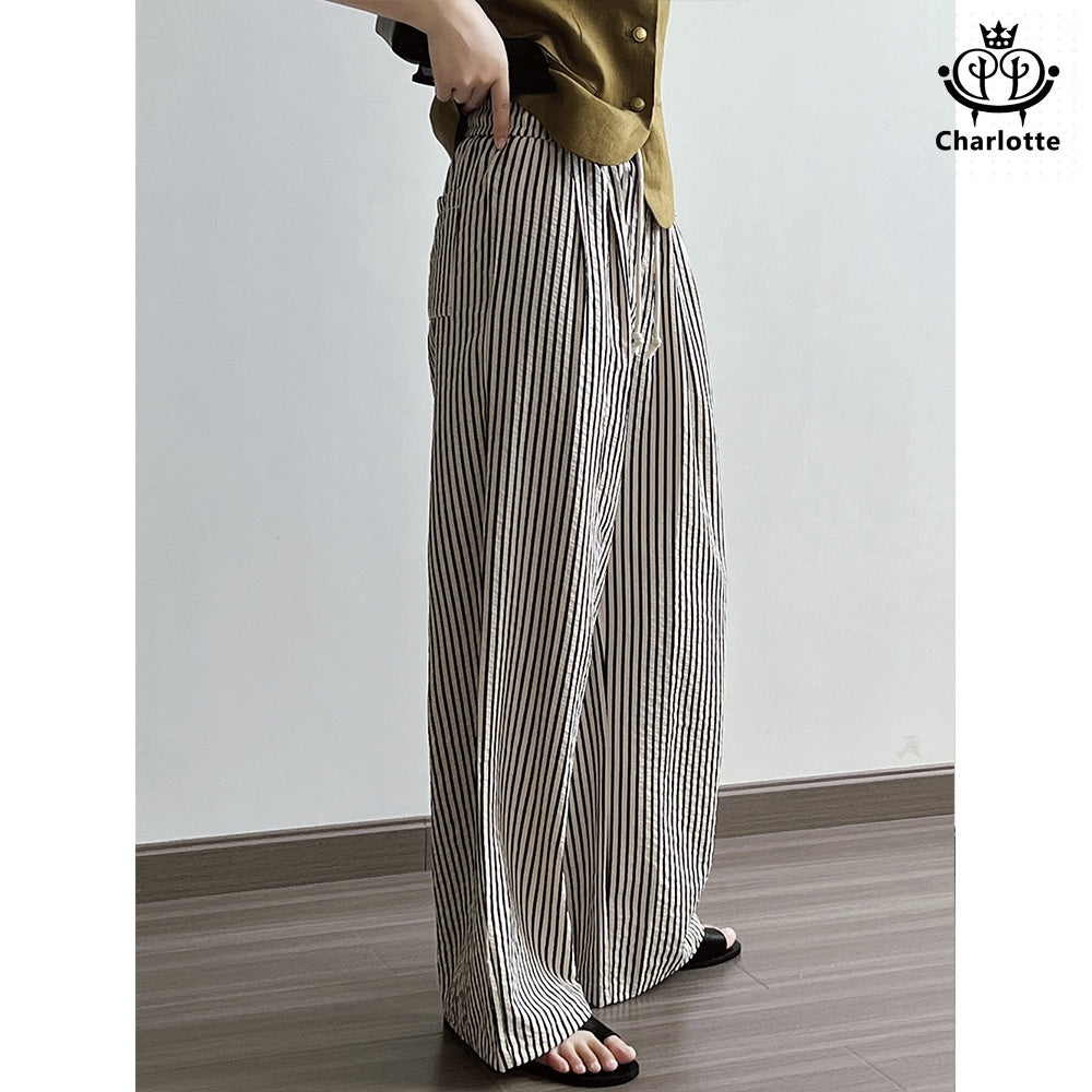 Slimming elastic waist pinstriped wide-leg pants with drawstring straps and straight pants [CHTR25]