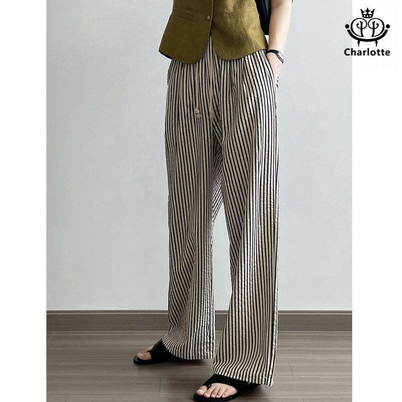 Slimming elastic waist pinstriped wide-leg pants with drawstring straps and straight pants [CHTR25]