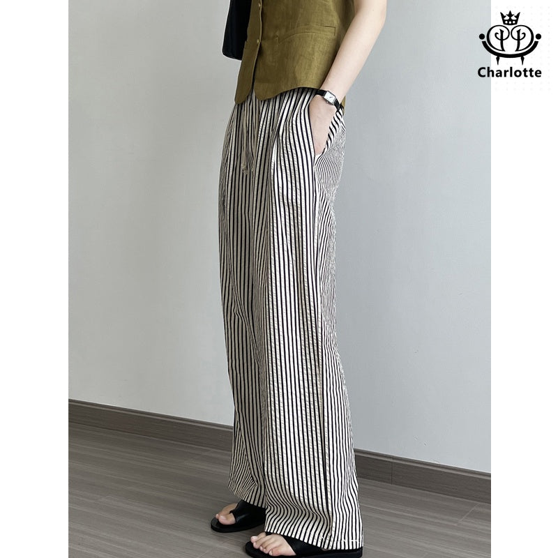 Slimming elastic waist pinstriped wide-leg pants with drawstring straps and straight pants [CHTR25]