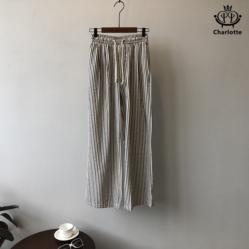 Slimming elastic waist pinstriped wide-leg pants with drawstring straps and straight pants [CHTR25]