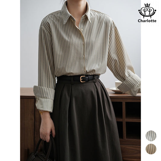 French retro salt striped shirt loose long-sleeved shirt [CHSH107]